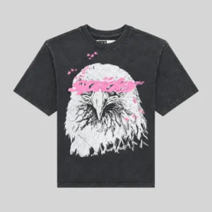 Front view of the Sp5der Screaming Eagle tee in black cotton featuring a large white eagle graphic with pink accents.
