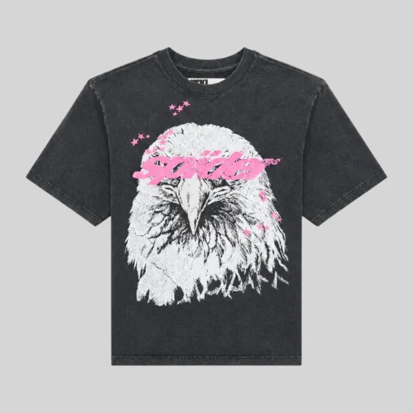 Front view of the Sp5der Screaming Eagle tee in black cotton featuring a large white eagle graphic with pink accents.