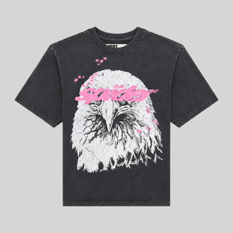 Front view of the Sp5der Screaming Eagle tee in black cotton featuring a large white eagle graphic with pink accents.