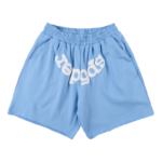 Front view of blue Sp5der OG Web Logo sweat shorts featuring a relaxed fit, comfortable fleece, and white branding.