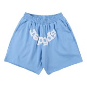 Front view of blue Sp5der OG Web Logo sweat shorts featuring a relaxed fit, comfortable fleece, and white branding.