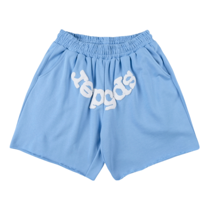Front view of blue Sp5der OG Web Logo sweat shorts featuring a relaxed fit, comfortable fleece, and white branding.
