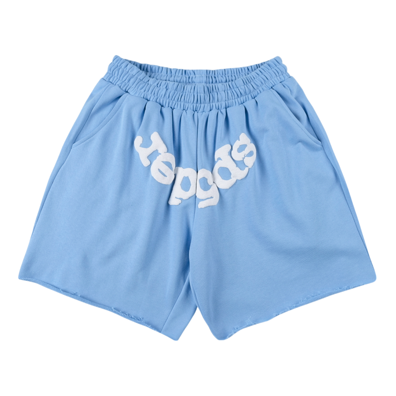 Front view of blue Sp5der OG Web Logo sweat shorts featuring a relaxed fit, comfortable fleece, and white branding.