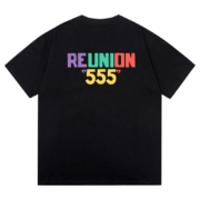 Back view of the black Sp5der Reunion 555 t-shirt featuring a colorful graphic logo on the back for community fans.