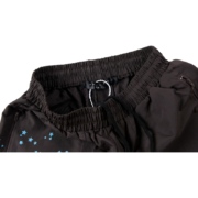 Sp5der black sports shorts featuring a five-star print pattern and an embroidered logo on the elastic waistband.