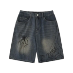 Front view of casual denim shorts featuring a dark wash and edgy black spider and web graphic prints.