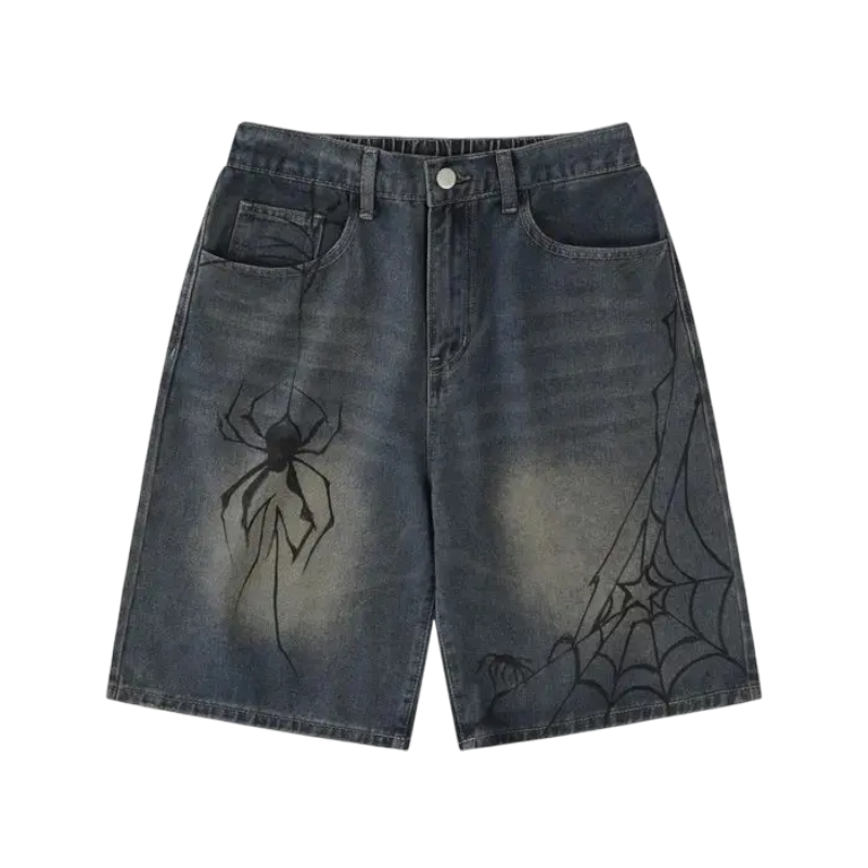Front view of casual denim shorts featuring a dark wash and edgy black spider and web graphic prints.