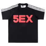 Black Sp5der 5EX performance t-shirt with signature red logo graphic and white shoulder stripes for streetwear style.