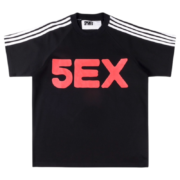 Black Sp5der 5EX performance t-shirt with signature red logo graphic and white shoulder stripes for streetwear style.