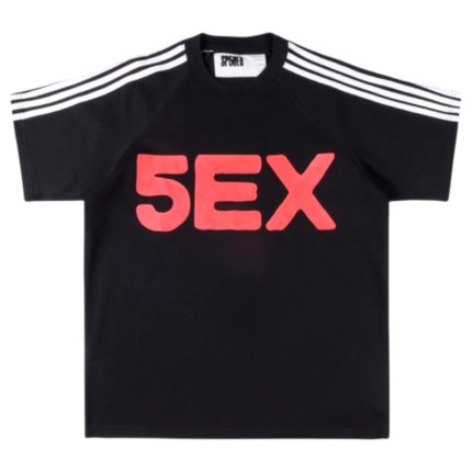 Black Sp5der 5EX performance t-shirt with signature red logo graphic and white shoulder stripes for streetwear style.