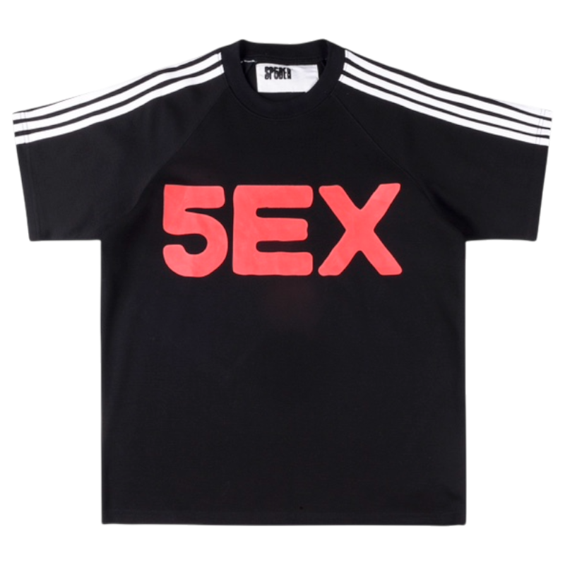 Black Sp5der 5EX performance t-shirt with signature red logo graphic and white shoulder stripes for streetwear style.