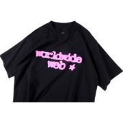 Black SP5DER Worldwide Web t-shirt with a pink graphic logo, offering a bold and comfortable streetwear look.