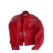 Red Sp5der denim jacket featuring detailed rhinestone web graphics, showcasing a bold streetwear-inspired urban design.
