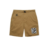 Front view of the tan Parra Sp5der Ants shorts featuring a spider logo and a graphic wave design patch on the leg.