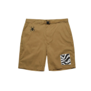 Front view of the tan Parra Sp5der Ants shorts featuring a spider logo and a graphic wave design patch on the leg.
