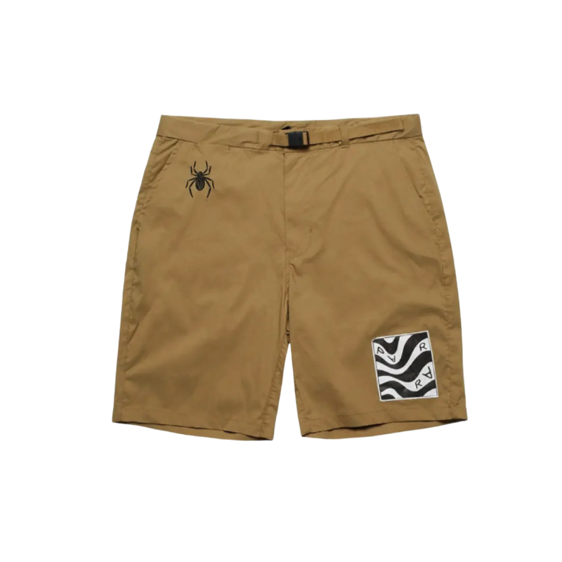Front view of the tan Parra Sp5der Ants shorts featuring a spider logo and a graphic wave design patch on the leg.