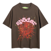 Brown Sp5der Wait Web T-shirt with a pink logo and a vibrant red spider web graphic on the front chest area.