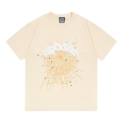 The Sp5der Wait Web T-shirt in beige features a signature spider web graphic design for a bold streetwear aesthetic.