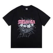 Black Sp5der Young Thug Atlanta graphic t-shirt featuring a spiderweb design and stars for streetwear fans.