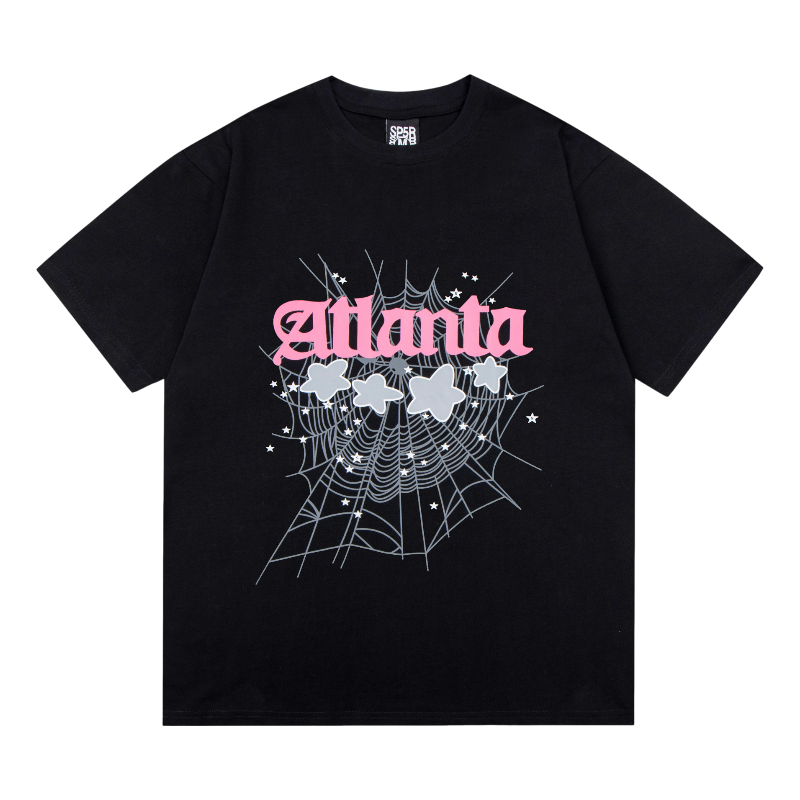 Black Sp5der Young Thug Atlanta graphic t-shirt featuring a spiderweb design and stars for streetwear fans.