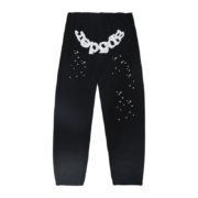 Front view of black SP5DER OG Web sweatpants featuring white web graphic logo and small decorative star patterns.