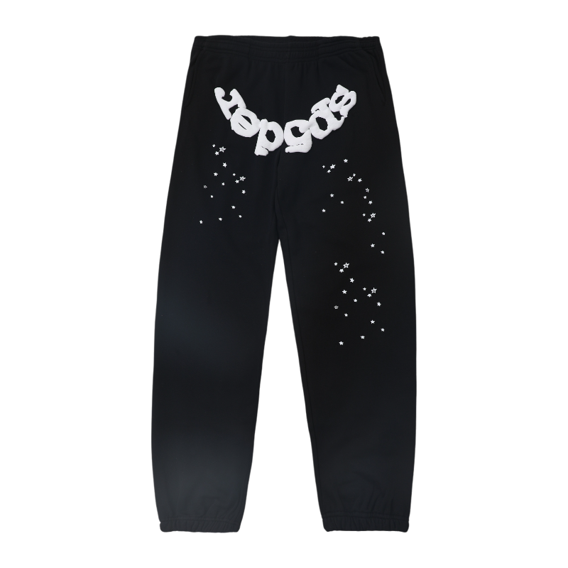 Front view of black SP5DER OG Web sweatpants featuring white web graphic logo and small decorative star patterns.