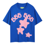 This vibrant blue Sp5der Worldwide Star T-shirt features a pink graphic with 555 branding and stars for streetwear style.