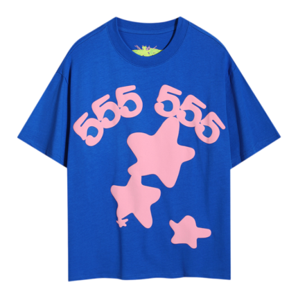 This vibrant blue Sp5der Worldwide Star T-shirt features a pink graphic with 555 branding and stars for streetwear style.