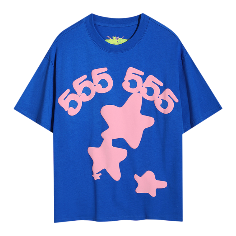 This vibrant blue Sp5der Worldwide Star T-shirt features a pink graphic with 555 branding and stars for streetwear style.