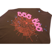 Sp5der Brown Angel 555 Tee featuring a unique brown cotton t-shirt with a pink 555 graphic and web design front view