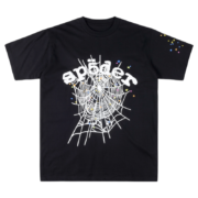 Sp5der OG Web V2 Black T-shirt featuring a signature white spiderweb graphic with colorful star accents and a relaxed fit.