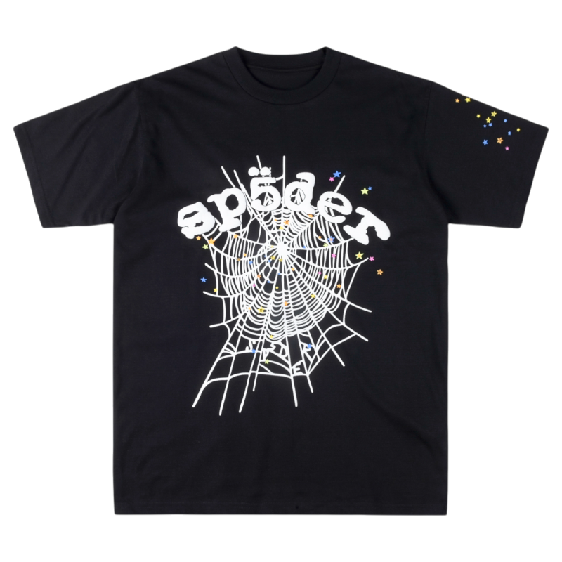 Sp5der OG Web V2 Black T-shirt featuring a signature white spiderweb graphic with colorful star accents and a relaxed fit.