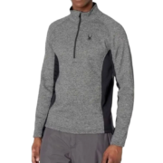 Men wearing a gray Spyder Outbound performance fleece jacket featuring stretch side panels and logo detailing