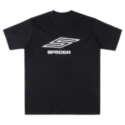 Front view of the SP5DER Pro LW performance streetwear t-shirt in black with a bold white stylized brand logo print.