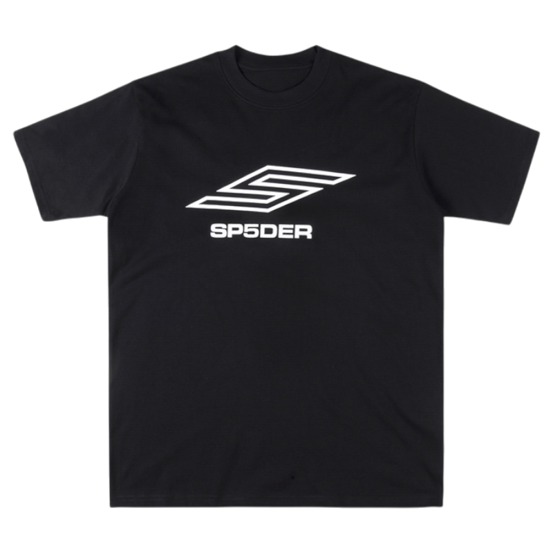 Front view of the SP5DER Pro LW performance streetwear t-shirt in black with a bold white stylized brand logo print.