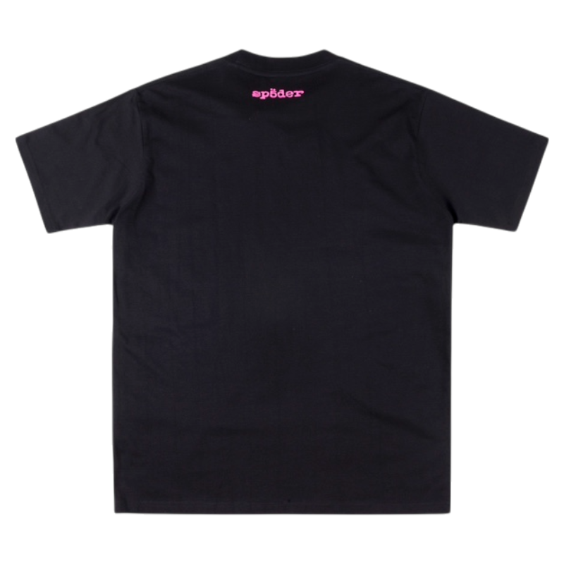 Back view of the black SP5DER Hellcat Kenny graphic streetwear tee with branding on the upper neck area.