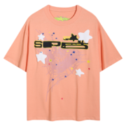 Peach Sp5der Print t-shirt featuring a bold graphic design with spider web motifs and artistic stars for streetwear.