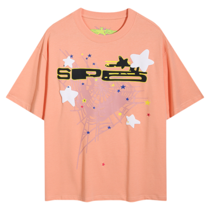 Peach Sp5der Print t-shirt featuring a bold graphic design with spider web motifs and artistic stars for streetwear.