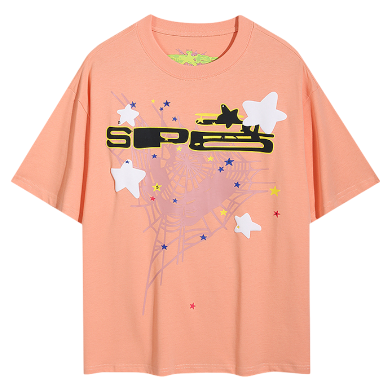 Peach Sp5der Print t-shirt featuring a bold graphic design with spider web motifs and artistic stars for streetwear.