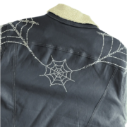 Back view of the Sp5der trucker jacket featuring intricate rhinestone spider web graphics and a cozy sherpa collar.