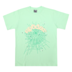Front view of the light green Sp5der Wait Web t-shirt featuring the iconic spider web graphic and logo branding.