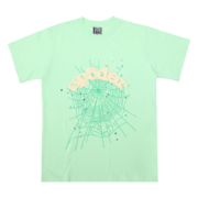Front view of the light green Sp5der Wait Web t-shirt featuring the iconic spider web graphic and logo branding.
