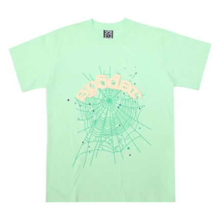 Front view of the light green Sp5der Wait Web t-shirt featuring the iconic spider web graphic and logo branding.