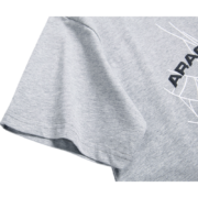 Grey Sp5der Arach Phobia New York graphic tee showing a close-up detail of the sleeve and the signature web print design.
