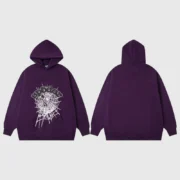 Front and back view of the vibrant purple Sp5der Web hoodie featuring a large signature white web graphic on the chest.