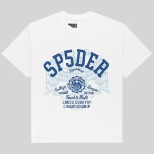 Sp5der Cross Country Slub Tee in white featuring a blue graphic print of Atlanta Track and Field on the front.