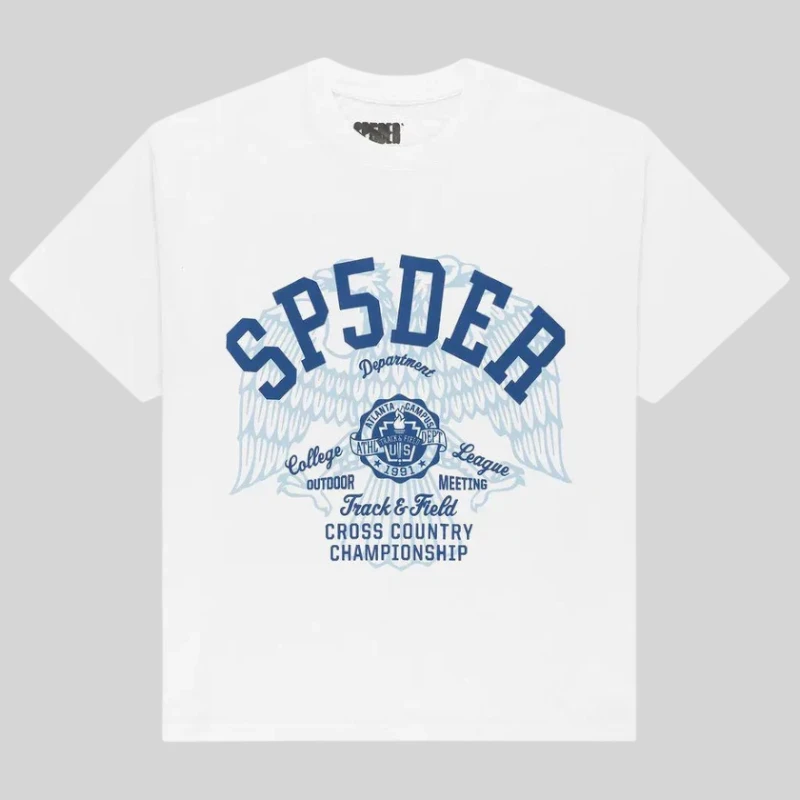 Sp5der Cross Country Slub Tee in white featuring a blue graphic print of Atlanta Track and Field on the front.