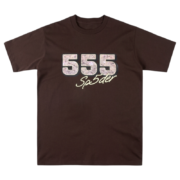 Front view of the brown Sp5der 555 graphic cotton t-shirt featuring the minimalist and iconic 555 branding design.
