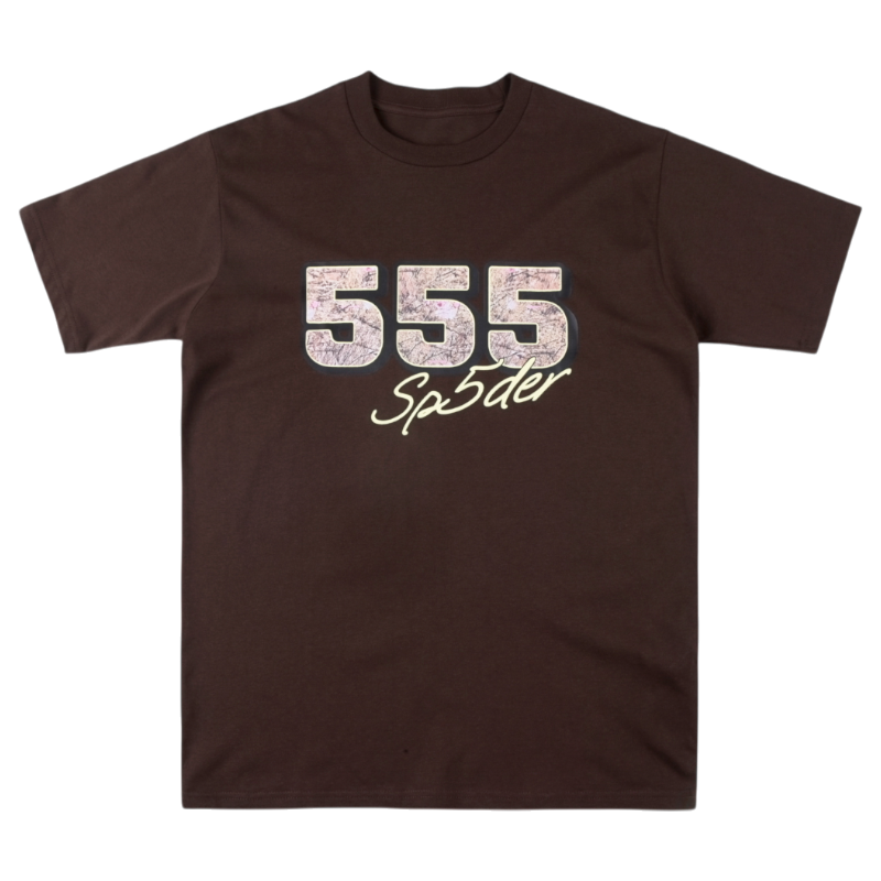 Front view of the brown Sp5der 555 graphic cotton t-shirt featuring the minimalist and iconic 555 branding design.