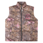 SP5DER Real Tree Puffer Vest featuring iconic camouflage pattern and pink branding, water-resistant insulated design.